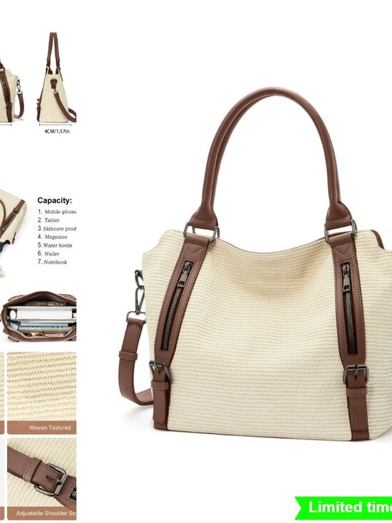 Handbags - Large Capacity Beige Vegan Leather Double Crossbody Handbag